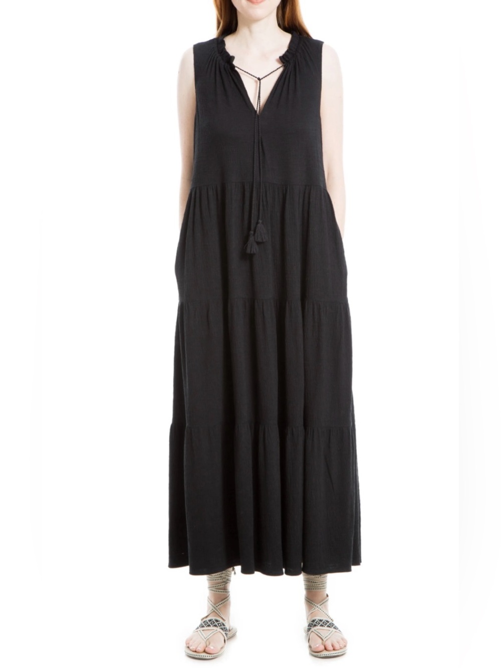 Max Studio Black Sleeveless Tiered Maxi with Tassel Tie